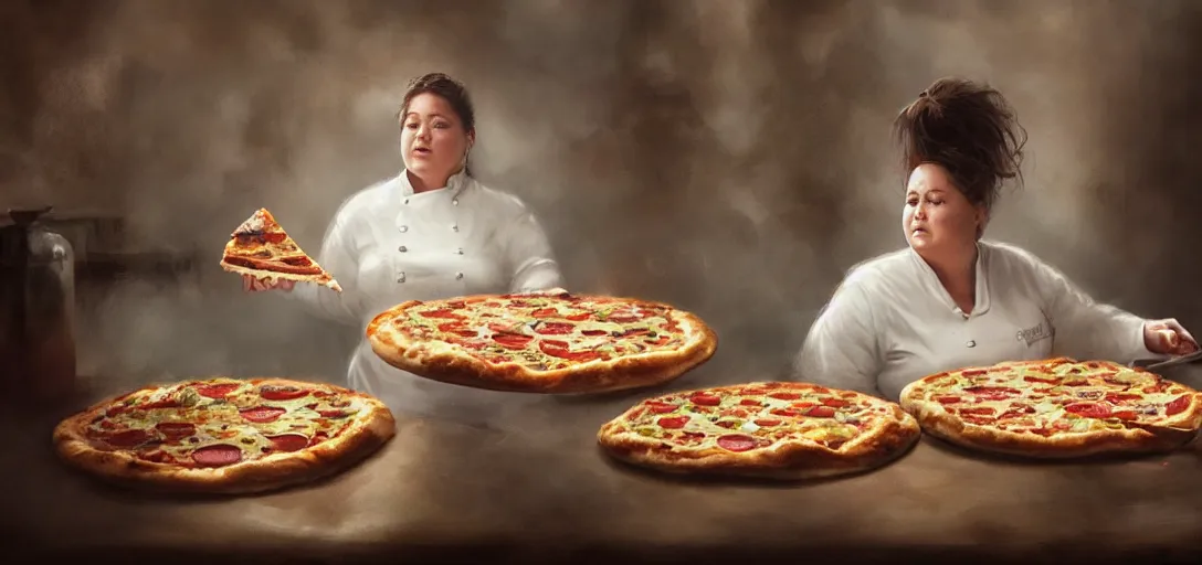 Image similar to a chubby female chef experimenting on a pizza, happy, mysterious, fog, magical, colorful, 8k, james gurney, greg rutkowski, john howe, artstation