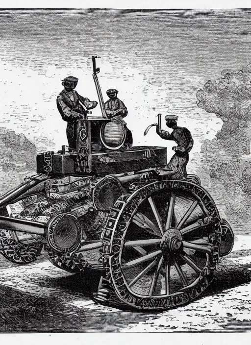 Image similar to 19th century wood-engraving of a steam powered Renault FT tank with no person around, whole page illustration from Jules Verne book, art by Édouard Riou Jules Férat and Henri de Montaut, high quality, beautiful, highly detailed, removed watermarks