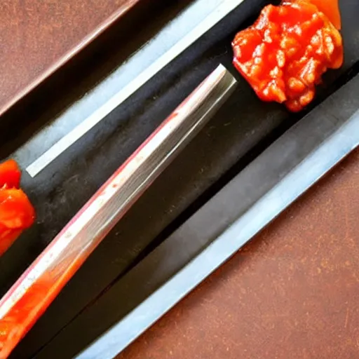 Image similar to best katana in the world with tomato sauce on it