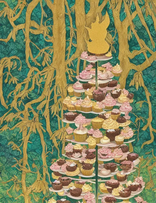 Image similar to spirit of cupcakes lost in a forest. this gouache and gold leaf work by the award - winning mangaka has a beautiful composition and intricate details.