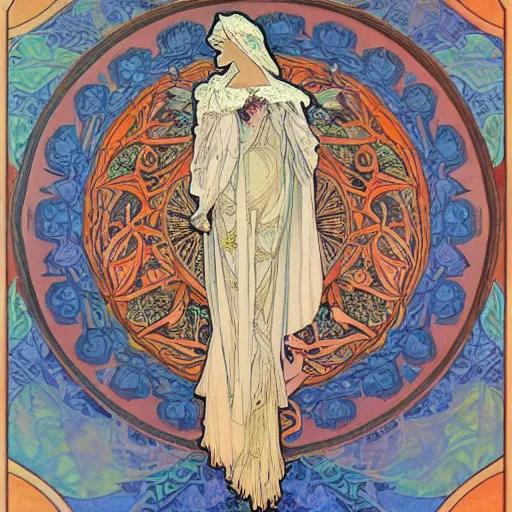 Image similar to ethereal nightingale bird made of fabric, Alphonse Mucha,Ganbrood William Morris,delicate,textured,ornate, complex detailed illustration,swirling,octane render,intricate detail,orange blue gold