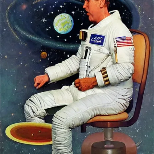 Image similar to kramer from seinfeld as an astronaut, artistic oil painting norman rockwell