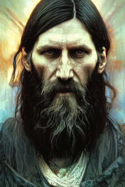 Image similar to grigori rasputin in a religious pose hyperrealistic portrait, bladerunner street, art of elysium by jeremy mann and alphonse mucha and greg rutkowski, fantasy art, photo realistic, dynamic lighting, artstation, poster, volumetric lighting, very detailed face, 4 k, award winning