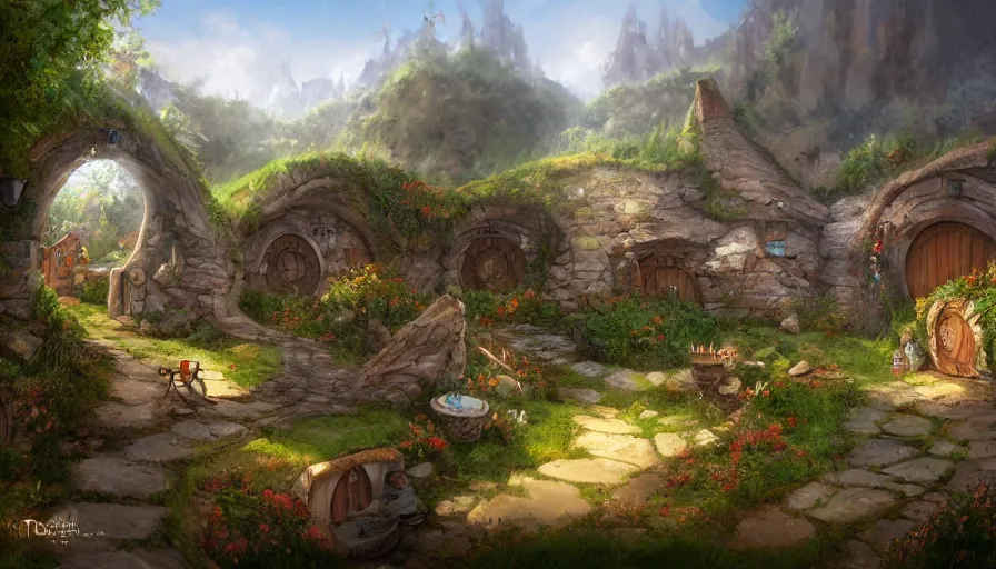 Prompt: concept art of a beautiful hobbit - holes in a village, digital art, trending on artstation