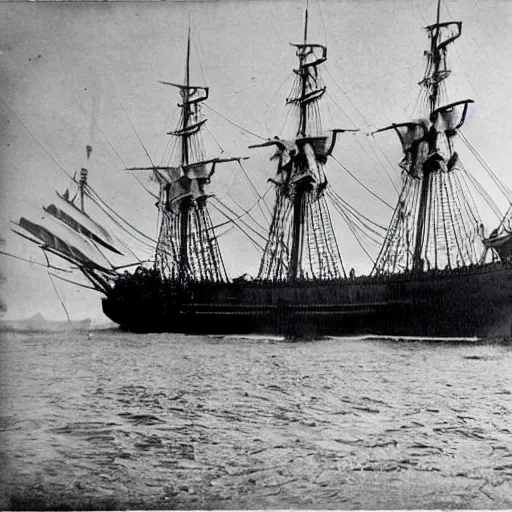 Image similar to an impossibly huge pirate ship. 1910s photograph