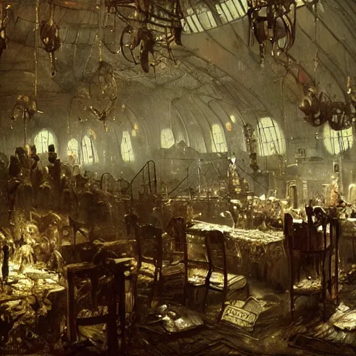 Prompt: from movie fightclub, painting hr giger tent in a room, floral ornaments, light beams, night, scene from fightclub movie, andreas achenbach