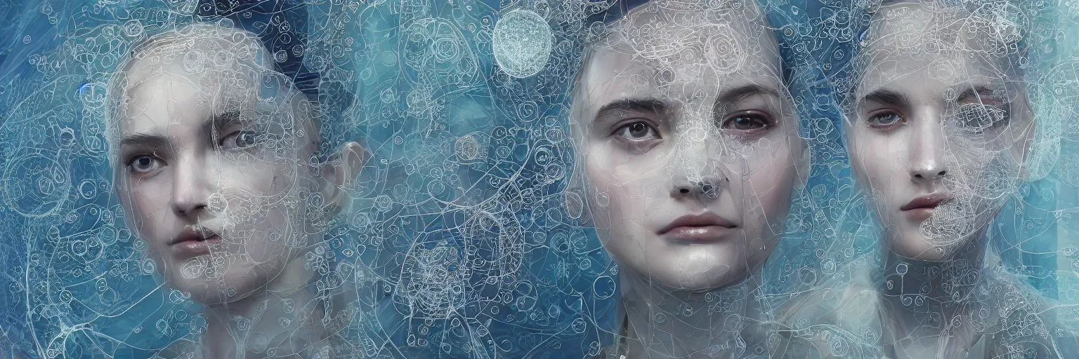 Image similar to The face of a very beautiful goddess radiating an artwork made from layers of technical drawings and architectural plans, very detailed and intricate with callout texts, leaders, arrows and bubbles by James Jean and Ross Tran and WLOP , hyperrealism, swirling acrylics, subsurface scattering, octane render, bokeh, 8k, xparticles