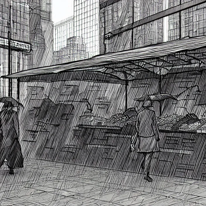 Image similar to close view of market stall. umbrellas on the stall. set in a square, pedestrians walk past. background of old soviet monument. storyboard, scifi cyberpunk. by gabriel hardman, joe alves, chris bonura. cinematic atmosphere, detailed and intricate, perfect anatomy