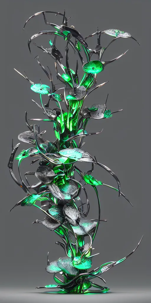 Prompt: 3 d photographic render of an orchid sculpture, bioluminescent chrometype, made of liquid metal, neotribal with thorns and thunders, cyberpunk, raytracing, hyper realistic, volumetric lightning, 8 k, by zhelong xu and ouchh studio