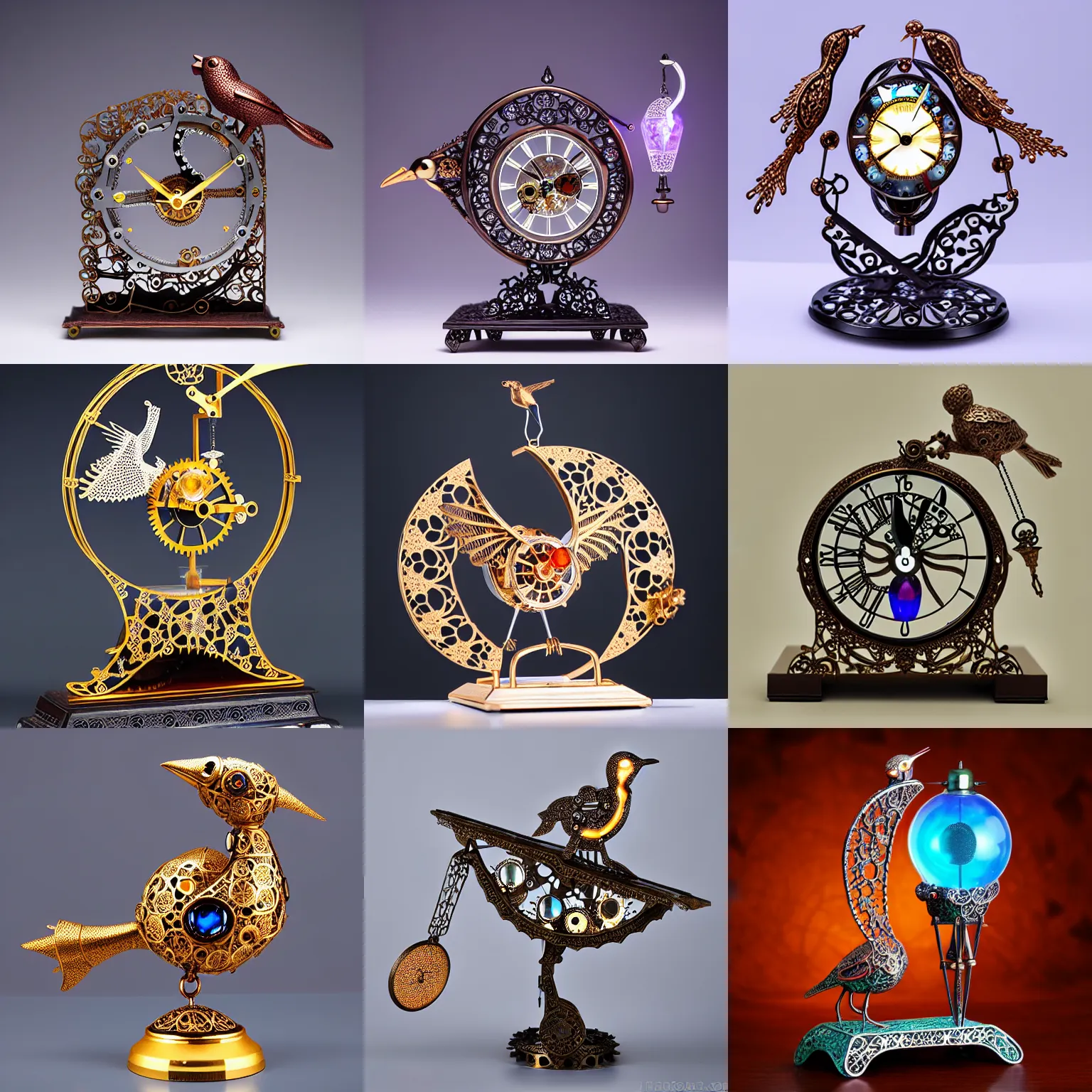 Prompt: hollow filigree bird - shaped clockwork automata, with a glowing gemstone inside it, detailed 8 k, award - winning photography