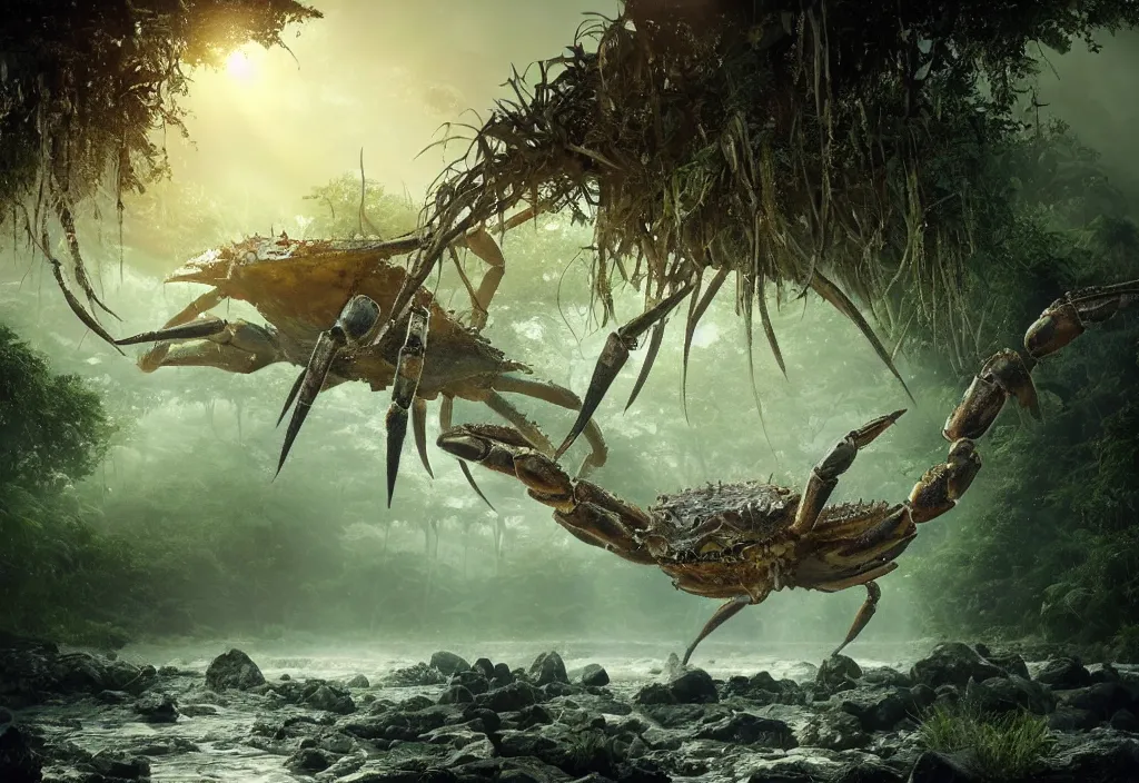 Image similar to an enormous giant crab king emerging from the waters, in a jungle with ominous light from above, ambient light, fog, river, very poetic