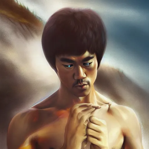 Image similar to bruce lee meditating on beach, extremely detailed, artstation, 8 k, sensual lighting, incredible art, wlop, artgerm