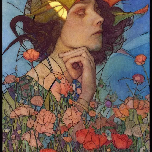 Image similar to the flower prince, by jessie willcox smith and donato giancola and nicholas roerich, and diego rivera, and leo and diane dillon, symbolist, tattoos, dramatic lighting, elaborate geometric ornament, art brut, god rays, soft cool colors, smooth, sharp focus, extremely detailed