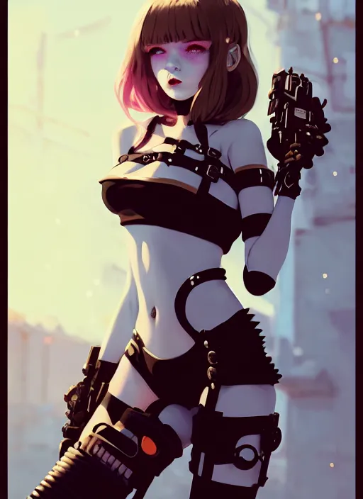 Image similar to portrait of cute goth girl in cyber bikini armor, face by ilya kuvshinov, warhammer, cyberpunk, by atey ghailan, by greg rutkowski, by greg tocchini, by james gilleard, by joe fenton, by kaethe butcher, dynamic lighting, gradient light blue, brown, blonde cream and white color in scheme, grunge aesthetic