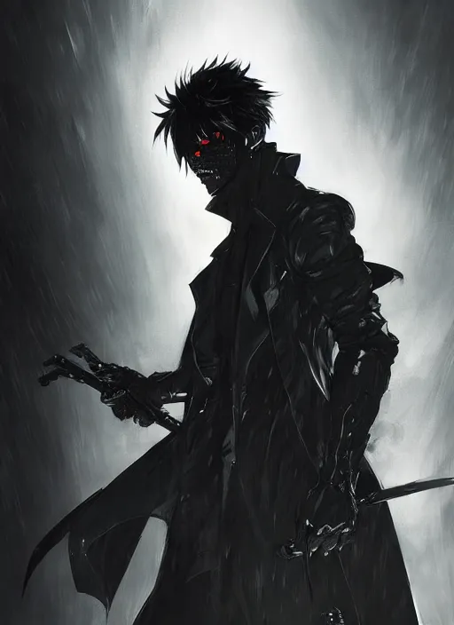 Prompt: Half body portrait of a menacing demon hunter in long trench coat with black fog oozing. In style of Yoji Shinkawa and Hyung-tae Kim, trending on ArtStation, dark fantasy, great composition, concept art, highly detailed, dynamic pose.