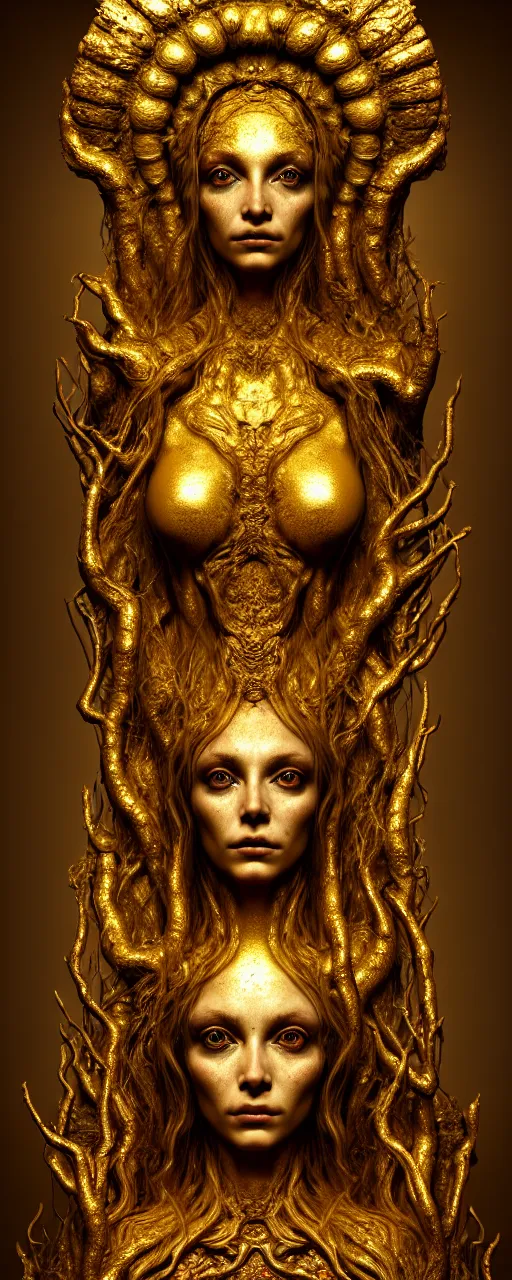 Image similar to portrait photo of a surreal goddess in the middle of a ancient wood, gold fluid simulation in the background, ultra super good realistic 3D render by Pete Morbacher and Emil Melmoth, insanely detailed, trending on artstation, sharp focus