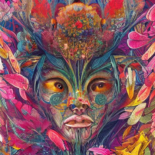 Prompt: a painting of a creature with flowers on its head, poster art by android jones, behance contest winner, generative art, made of flowers, grotesque, concert poster