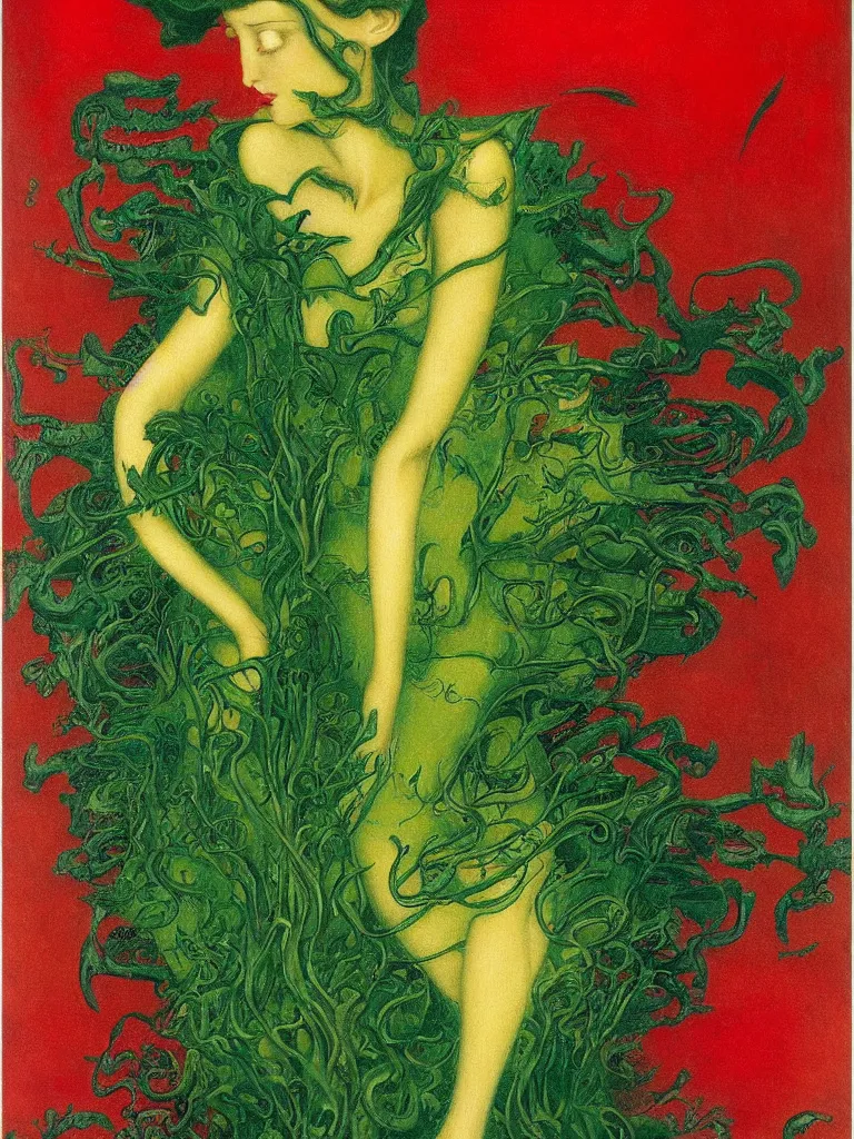 Prompt: !!!dream brunette woman standing in green dress on gold background, with black roses and red lips Anton Pic, Jean Delville, Amano, Yves Tanguy, Ernst Heckel, Edward Robert Hughes, Stanislaw Szukalski and Roger Dean photorealism