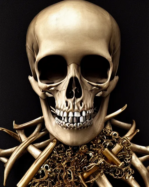 Image similar to realistic portrait of a pirate of bones, dark, gold, silver ornaments, facing camera, photo realistic, detailed, 1 4 5 0, delicate, hyper realism, ultra realistic, 8 k