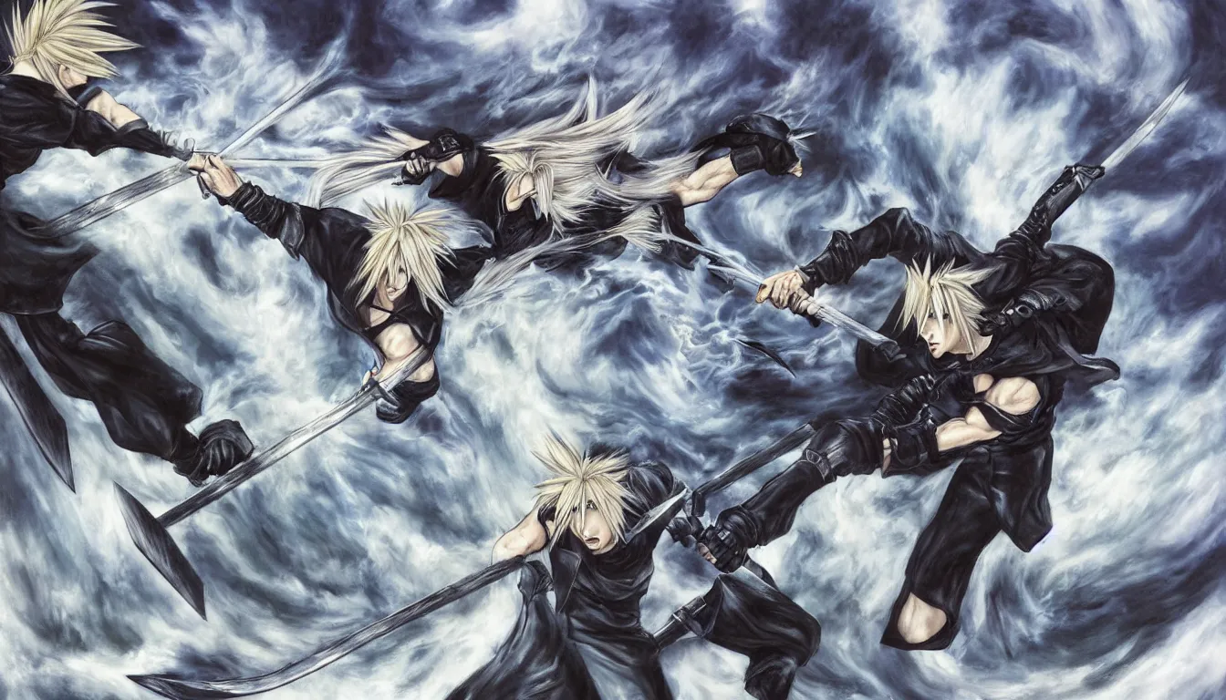 Prompt: Cloud strife fighting Sephiroth by Raf Grassetti