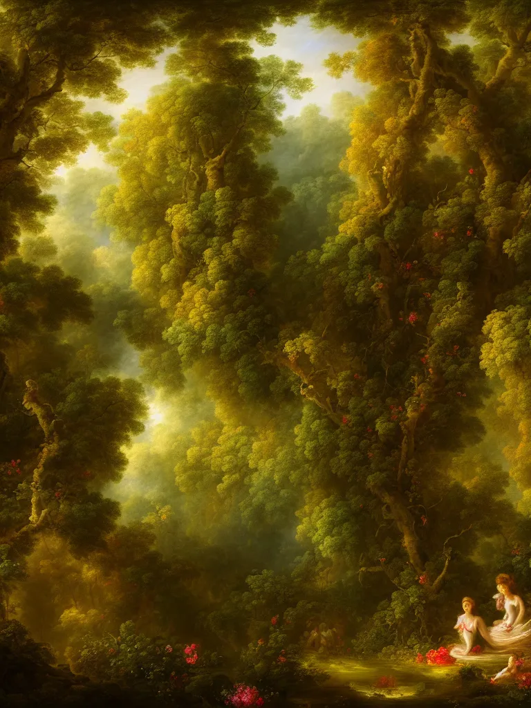 Image similar to painting backdrop of a lush forest, volumetric light, afternoon, light wind, wild flowers, chiaroscuro, john longstaff, jean - honore fragonard, francois boucher, anna dittmann, 4 k, 4 k