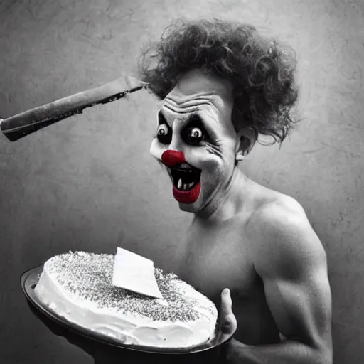 Image similar to happy clown unlocking his jaw in order to devour the world's largest cake, strange photo