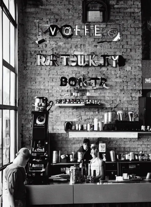 Image similar to variety coffee roasters, brooklyn, photorealistic photography, 3 5 mm film, fuji, leica s, williamsburg, new york magazine, intricate, shadows