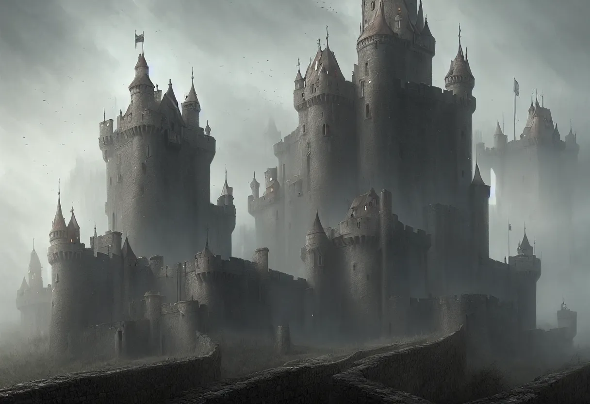 Image similar to castle with 3 0 years war, ultra high definition, ultra detailed, symmetry, fog, matte painting, by greg rutkowski and ross tran and wlop