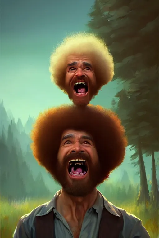 Prompt: a screaming bob ross, in full height, unreal engine, digital painting, vivid colors, vibrant colors, sharp focus illustration, artstation hq. intricate, elegant, medium shot, art by wlop