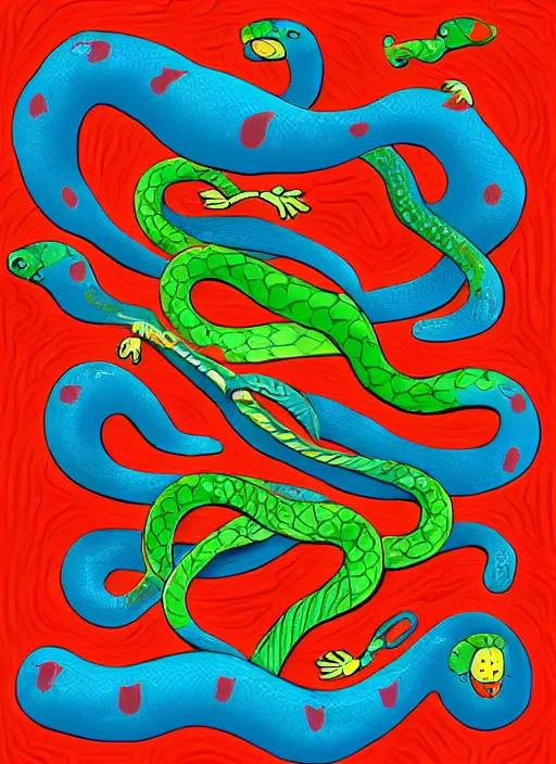 Image similar to snakes on a plane, naive art style by ralph goings, digital art