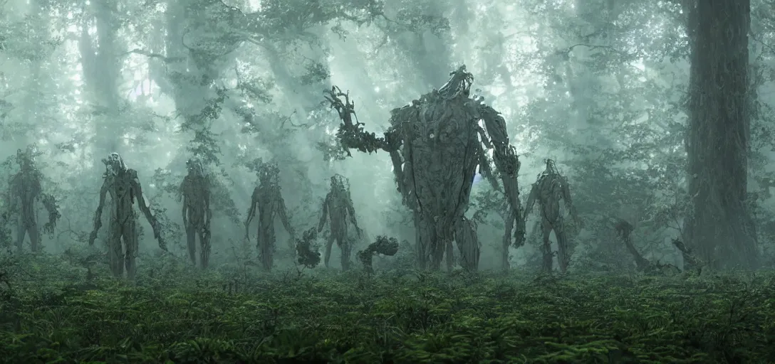 Image similar to a complex organic fractal 3 d metallic symbiotic ceramic humanoid megastructure creature in a swampy lush forest, surrounded by soldiers, foggy, sun rays, cinematic shot, photo still from movie by denis villeneuve, wayne barlowe