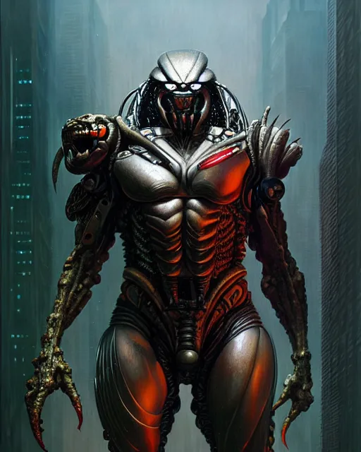 Image similar to the predator as a cyborg fantasy character portrait, ultra realistic, wide angle, intricate details, blade runner artifacts, highly detailed by peter mohrbacher, boris vallejo, hajime sorayama aaron horkey, gaston bussiere, craig mullins