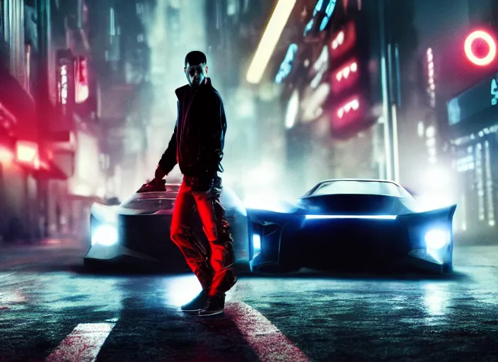 Prompt: Bladerunner2049 street racing man leaning cool pose on his white sports car with red emissives volumetric lighting Cyberpunk RTX ray marching street