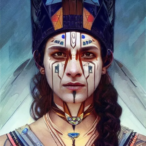 Prompt: A native american Ruler, facial tattoos, techwear, artists portrait, futuristic, fantasy, highly detailed, digital painting, concept art, sharp focus, depth of field blur, illustration, art by artgerm and greg rutkowski and alphonse mucha