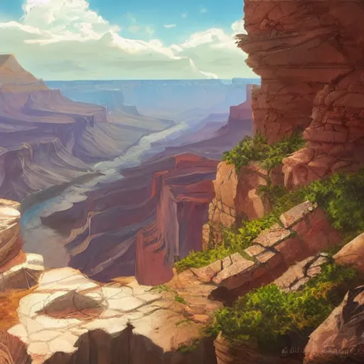 Image similar to concept art painting of a grand canyon with ocean inside, filled with water, with unfinished stone bridge under construction, realistic, detailed, cel shaded, in the style of makoto shinkai and greg rutkowski and james gurney