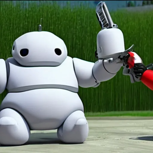 Prompt: Baymax the robot assistant threatening Mister Clean with a chainsaw
