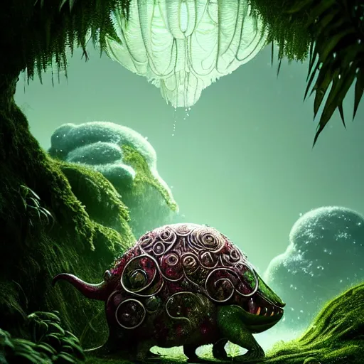 Prompt: creature in a lush trunda vegetation, snow snow :: by Michal Karcz, Daniel Merriam, Victo Ngai and Guillermo del toro :: ornate, dynamic, particulate, intricate, elegant, highly detailed, centered, artstation, smooth, sharp focus, octane render, 3d