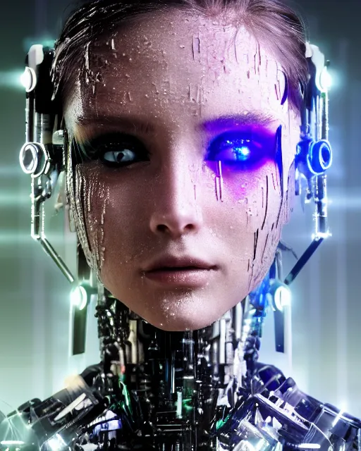 Prompt: portrait photo of female dancer as a cyberpunk mecha humanoid robotic head shoulder parts with straight bright led lights, elecrronics over face, wet skin with water dripping down face, ultra - realistic and detailed, 8 k