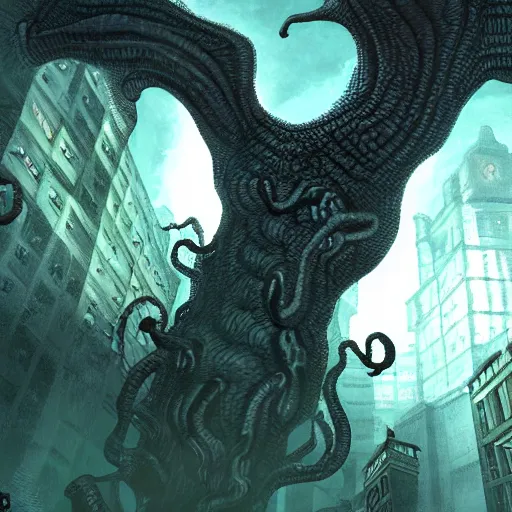 Image similar to lovecraft's creatures attacking a city, digital art, artstation, very detailed