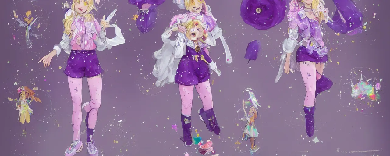 Prompt: A character sheet of a cute magical girl with short blond hair and freckles wearing an oversized purple Beret, Purple overall shorts, Short Puffy pants made of silk, pointy jester shoes, a big scarf, and white leggings. Rainbow accessories all over. Covered in stars. Short Hair. By Seb McKinnon. By WLOP. By Artgerm. By william-adolphe bouguereau. Jean-Baptiste de Champaigne. Decora Fashion. harajuku street fashion. Kawaii Design. Intricate. Highly Detailed. Digital Art. Fantasy. CGSociety. Sunlit. 4K. UHD. HyperMaximalist. Denoise. Hyper realistic.