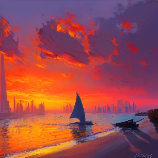 Image similar to acrylic painting, impressionism and expressionism, bold pastel colors, expressive brushstrokes, a spectacular sunset over the shore of the island of monuments and statues, by andreas rocha, trending on artstation