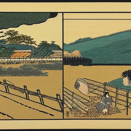 Prompt: a farm next to a lake in the style of ukiyo - e