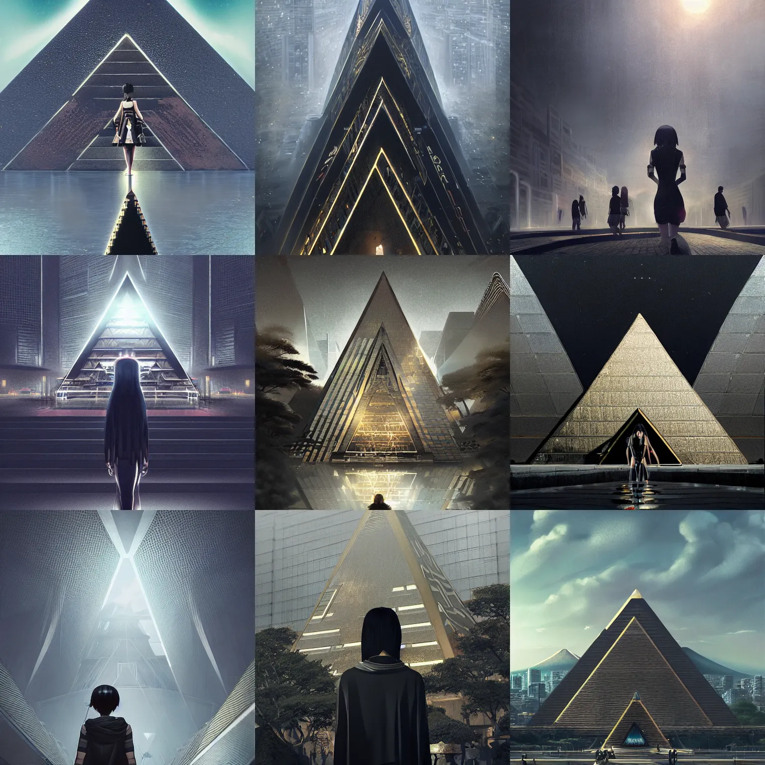 Image similar to mysterious metallic black pyramid in tokyo, reflective, by tom bagshaw and ilya kuvshinov, rtx rendering, octane render 1 2 8 k, maya, extreme high intricate details by wlop, digital anime art by ross tran, medium shot, composition by sana takeda, dramatic lighting by greg rutkowski