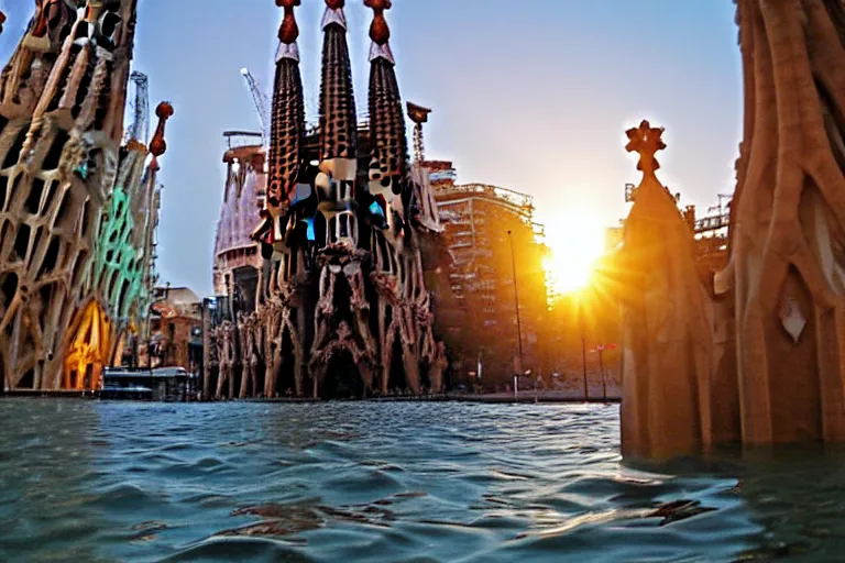 Image similar to views of catastrophic barcelona's sagrada familia covered with high water, global warming, floating cars, sunset lighting, photo real