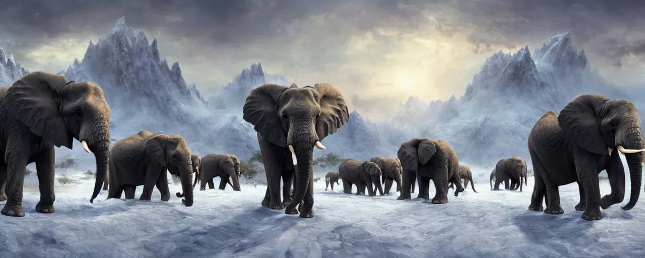 Image similar to African elephants wearing battle armor marching in snow mountain landscape, beautiful dynamic lighting, cinematic, wide angle establishing shot, extremely high detail, photo realistic, cinematic lighting, post processed, concept art, artstation, matte painting, style by frederic church, raphael lacoste, unreal engine 8k