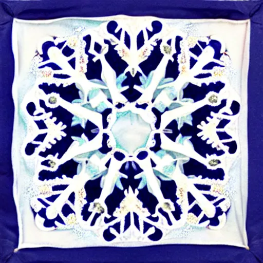 Image similar to ethereal snowflake faces, embroidered in silk. 3840 2160 art