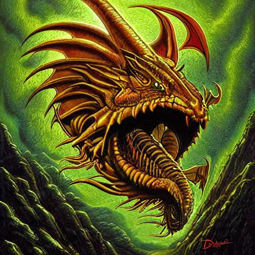 Prompt: dragon head illustration, art by David A Hardy