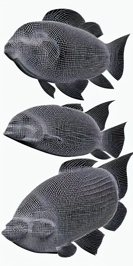 Prompt: illustration vector fine line art of a 3D fish on a full black background