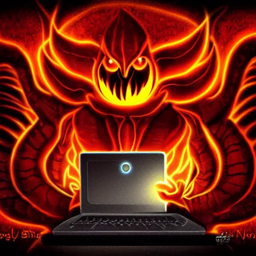 Prompt: a demon using a laptop ~ evil smile ~ lava background ~ digital art ~