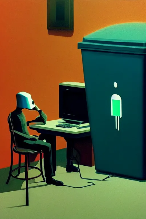 Image similar to the trashcan is actually a person, a hacker wearing oculus and digital glitch head edward hopper and james gilleard zdzislaw beksisnski higly detailed